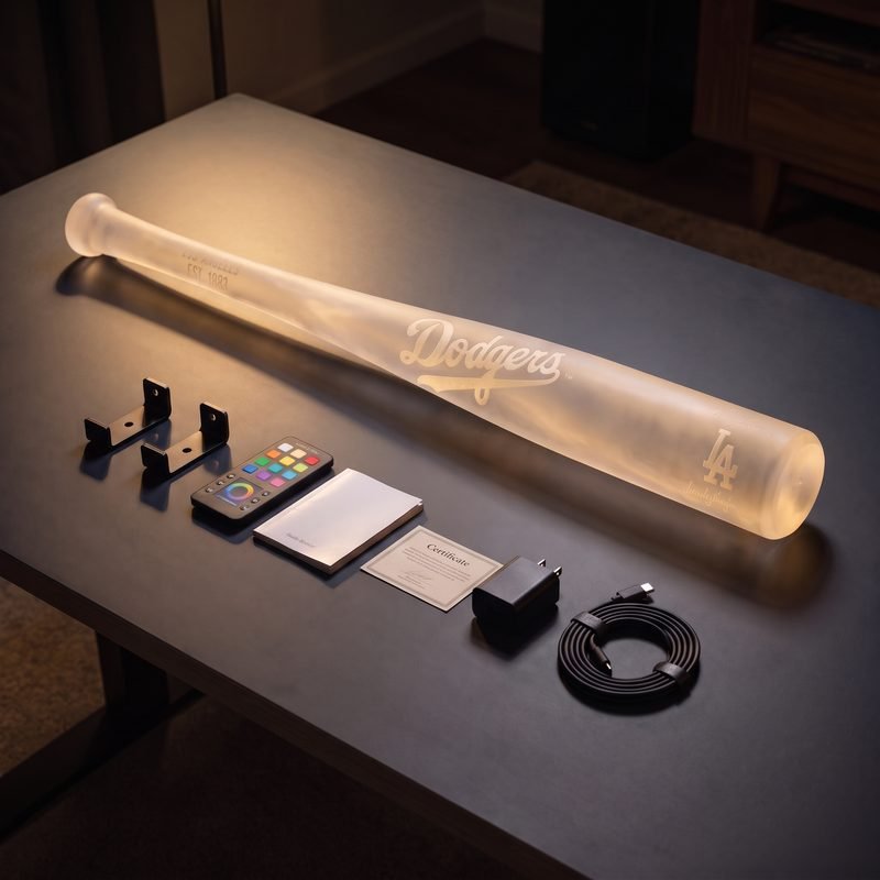 The lit bat lamp beside the remote, mounts and cable