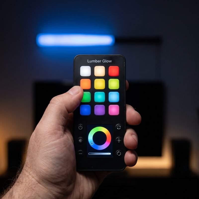 A hand holding the wireless remote showing the twelve colors